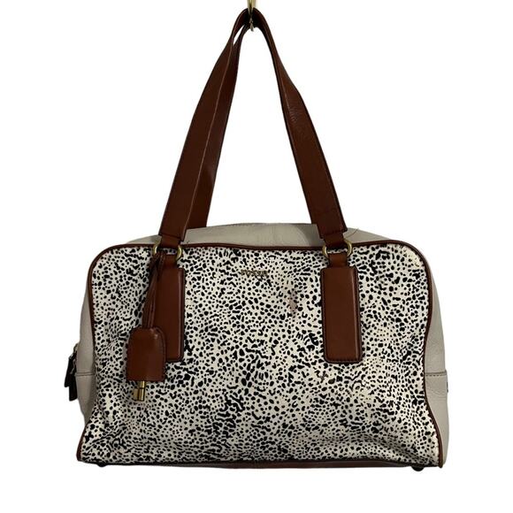 Fossil Memoir Satchel Leather Calf Hair Bag White Bone Spot Animal Print Tote - Picture 1 of 16